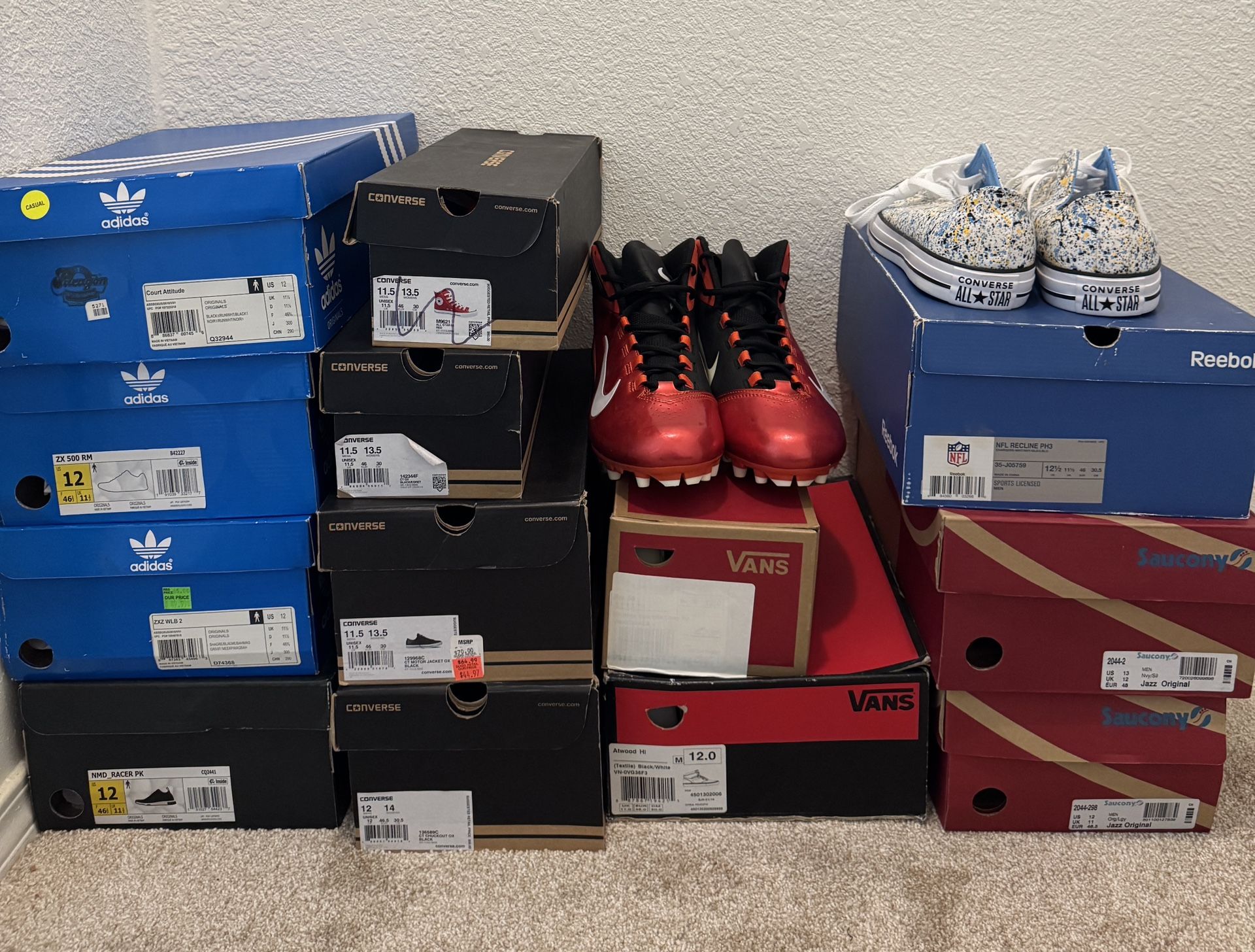 15 PAIRS OF SIZE 11.5, 12, 13, SHOES NEW OR LIKE NEW NIKE ADIDAS, VANS, CONVERSE, NEW BALANCE, SAUCONY