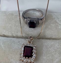 Vintage Sterling Silver Garnet ring and matching necklace