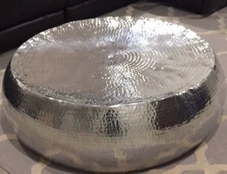 Large 41" Silver Hammered Aluminum Drum Coffee Table