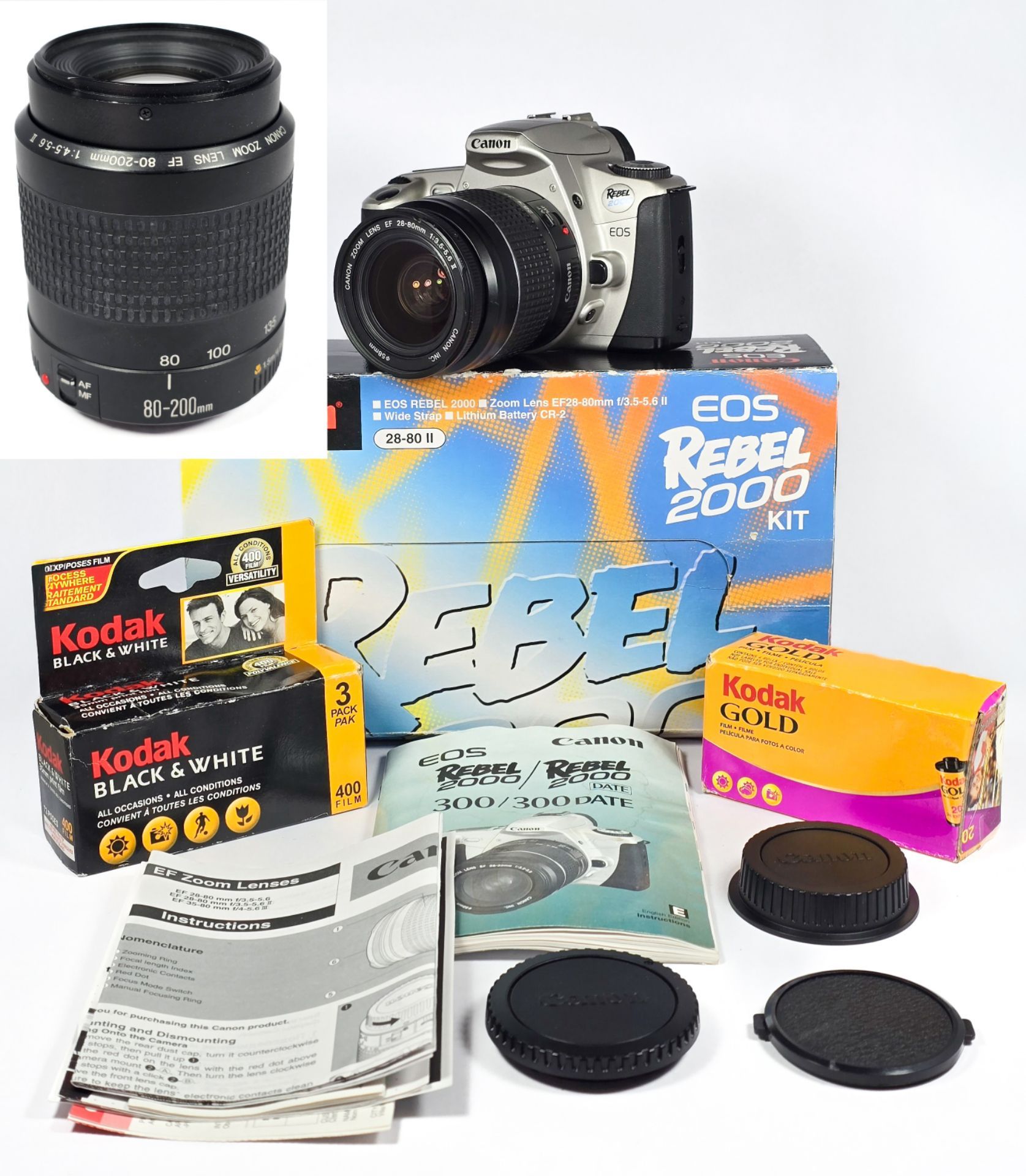 Canon EOS Rebel 2000 35mm Film Camera Kit w/ Canon EF 28-80mm II AF Lens & 80-200mm Lens - WORKS