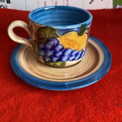 Hand Painted Blue Greek Ceramic Cup & Plate Set Imported From Greece 