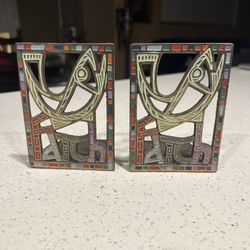 Vintage MCM 1967 TERRA SANCTA GUILD Religious Fish Faith Israel Brass & Enamel Bookends (2)