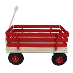 Red Wooden Wagon Cart with Folding Handle, Heavy Duty All-Terrain Kids Wagon for Outdoor, Garden, Camping, Beach & Playtime - Classic Pull-Along Utili