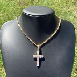 14k Gold Plated Iced Cross Pendant With Rope Chain Men's Women's