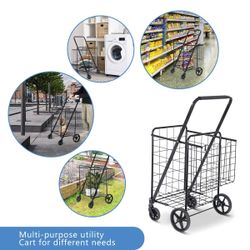 Black Folding Utility Shopping Cart with Dual Baskets