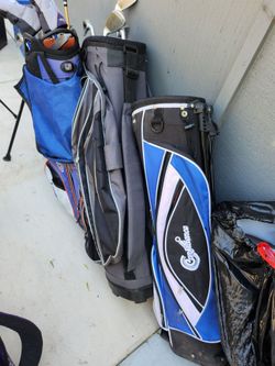 Golf bags and clubs