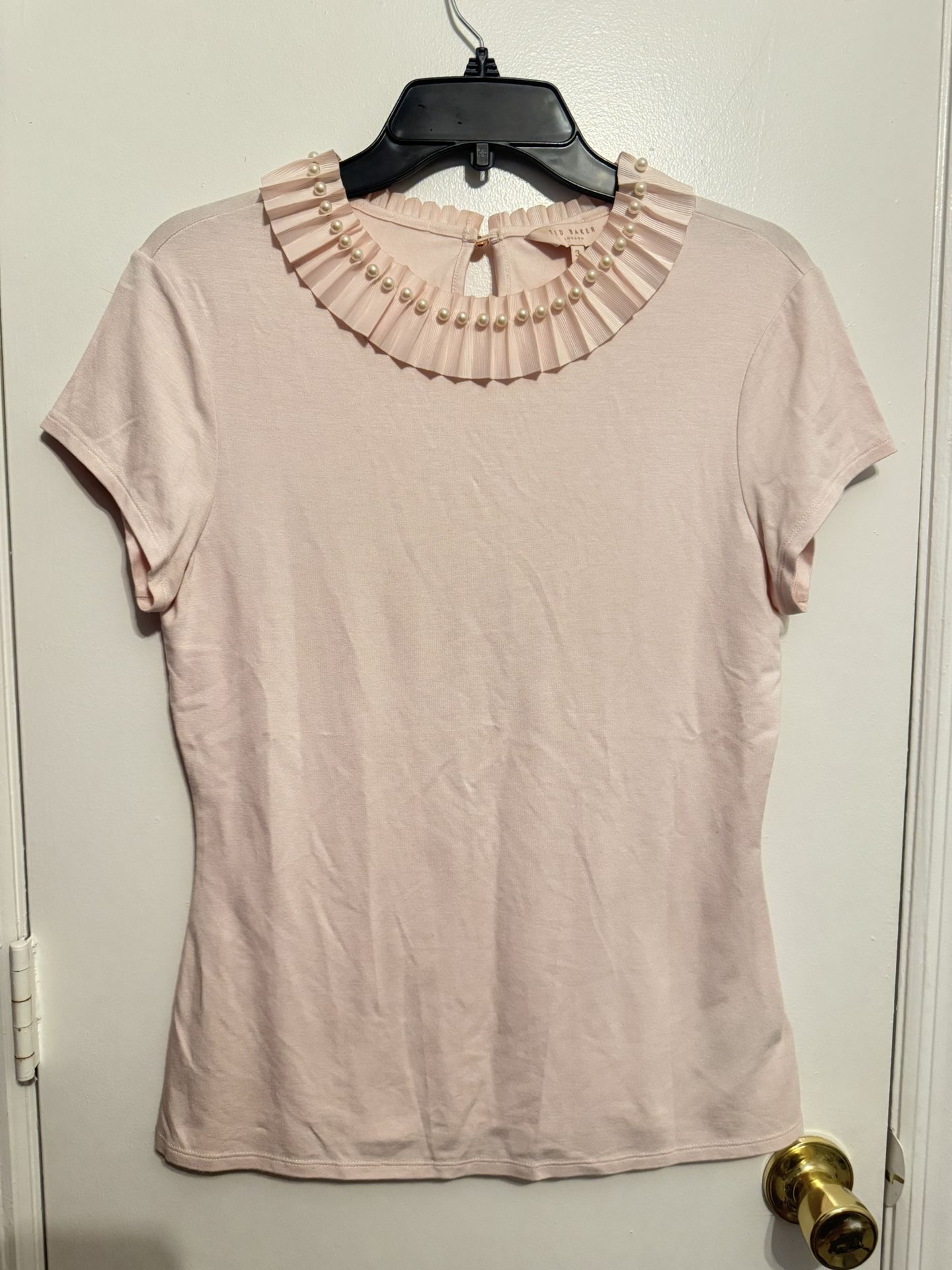 Ted Baker Nickita Pale Pink Pearl Ruffle Collar Top Size 3