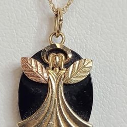 10k gold onyx angel pendant necklace