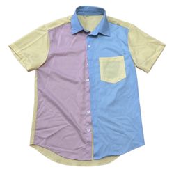 Shein Colorblock Fashionable Pocket Button Up Mens Shirt Casual Yellow Blue Pink Small 