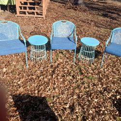 3 Blue Chairs With 2 Blue Side Tables