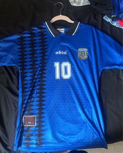 Maradona Adidas Argentina 1990 World Cup jersey with blue and dark blue diamond pattern