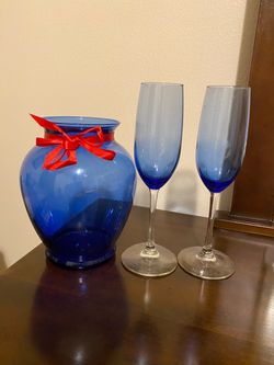 Blue vase and two glasses.