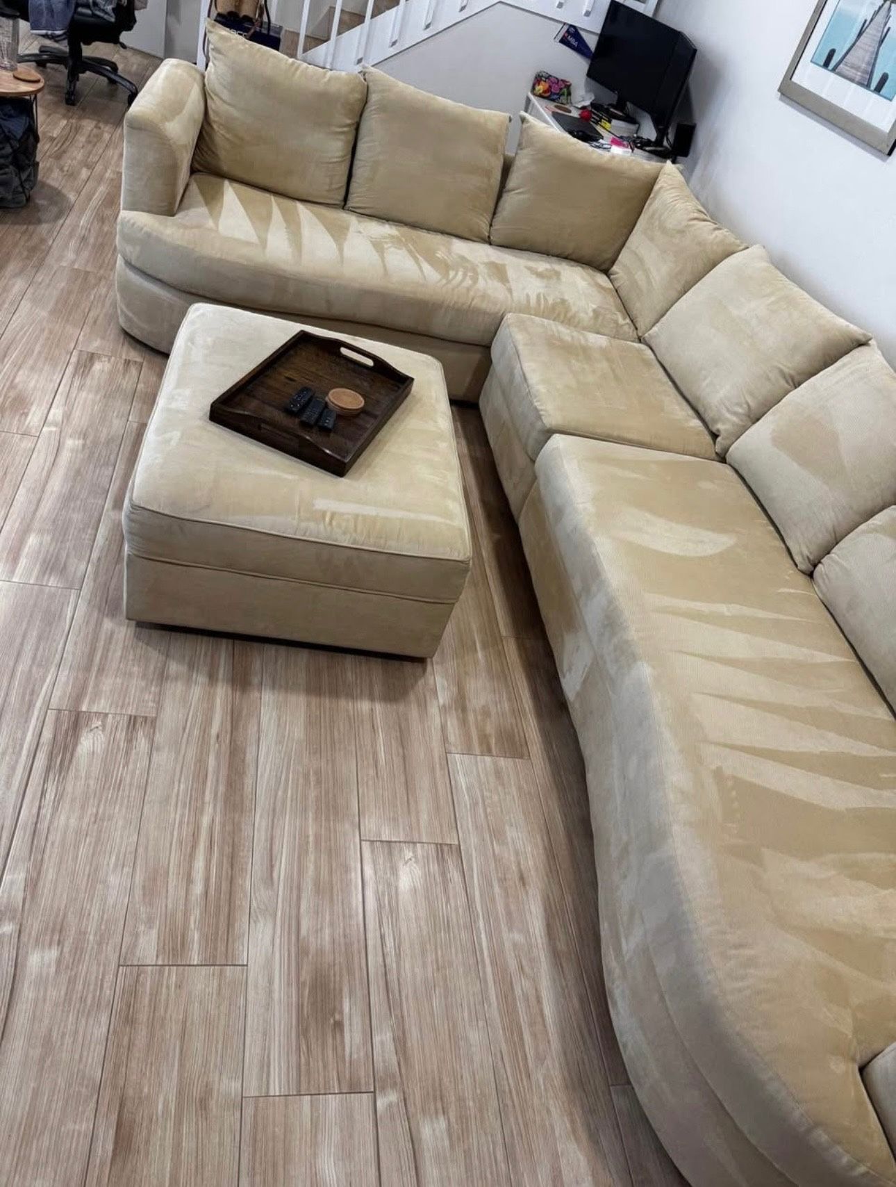 Custom L-Shaped Sectional + Storage Ottoman — Camel Performance Fabric (OBO)
