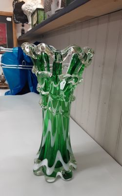 Vintage Bohemian Czech Art Glass Vase Green/ White- Located in Shelton