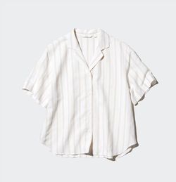 UNIQLO Linen Blend Open Collar Shirt | Short Sleeve | Size XL | Striped Beige