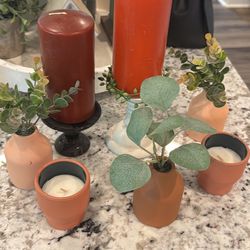 Candles, candle holder, potted faux plants