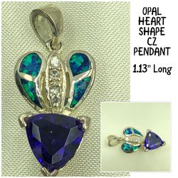 Opal, Blue & Clear CZ Heart Shaped Silver Plated Pendant
