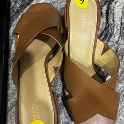 Michael Kors brand ladies size 9 shoes, brown straps with slip on square heel