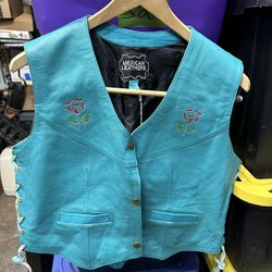 Turquoise Leather Vest - Women motorcycle Size L #S4