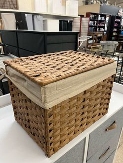 SONGMICS 9.2 Gallon (35L) Foldable Woven Storage Basket w/ Lid - Natural