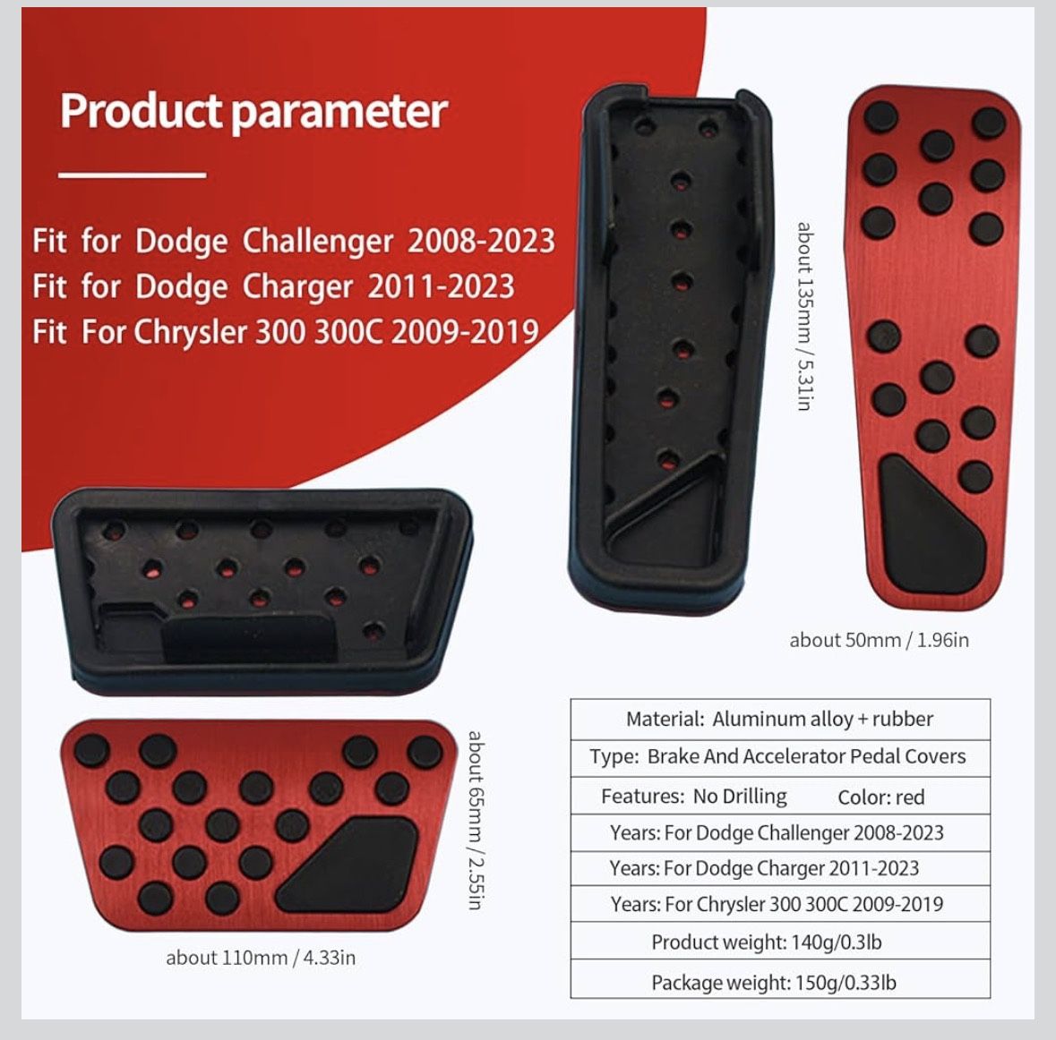 Aluminum Alloy Pedal Cover for Dodge Challenger 2008-2023 for Charger 2011-2023 for Chrysler 300 300C 2009-2019 No Drilling Aluminum Brake and Acceler