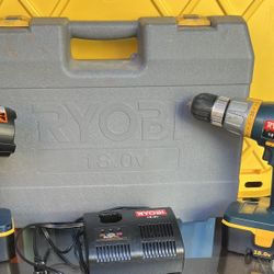 Ryiobi 18 V Drill & Flashlight Set& Charger In Case