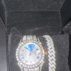 Silver Iced Out Watch + Bracelet 