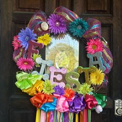 FIESTA Grapevine Wreath well loved 2ft x 2ft ribbons hang 3ft down