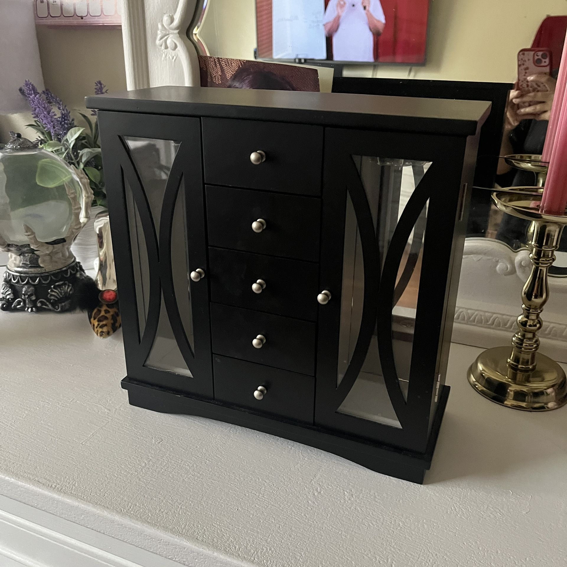 Black Jewelry Organizer with Glass Doors & Drawers
