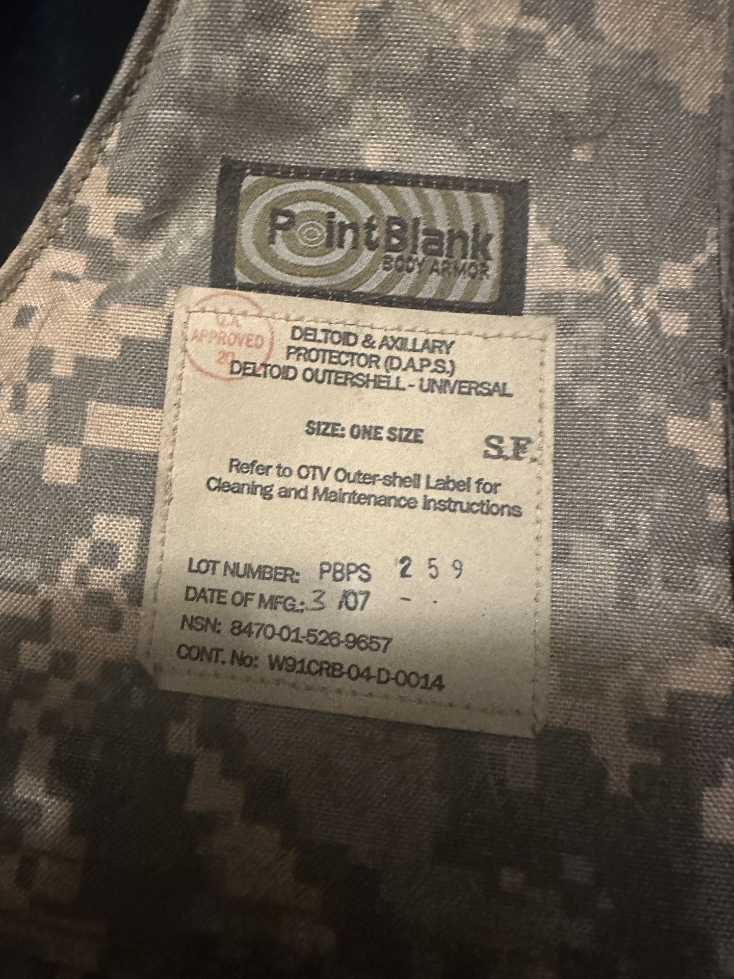 (5) Pieces Point Blank Deltoid & Auxiliary Protector (OAPS) - Universal outer shell. Military/police armor component.