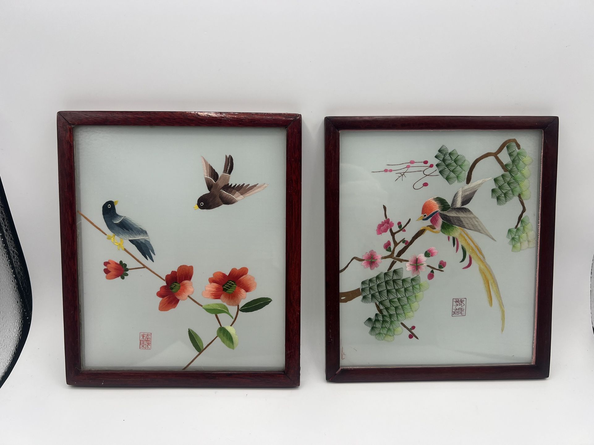 2 - Chinese Silk Embroidery Floral Bird 2 Sided Wood Frame Approx 7”x8”