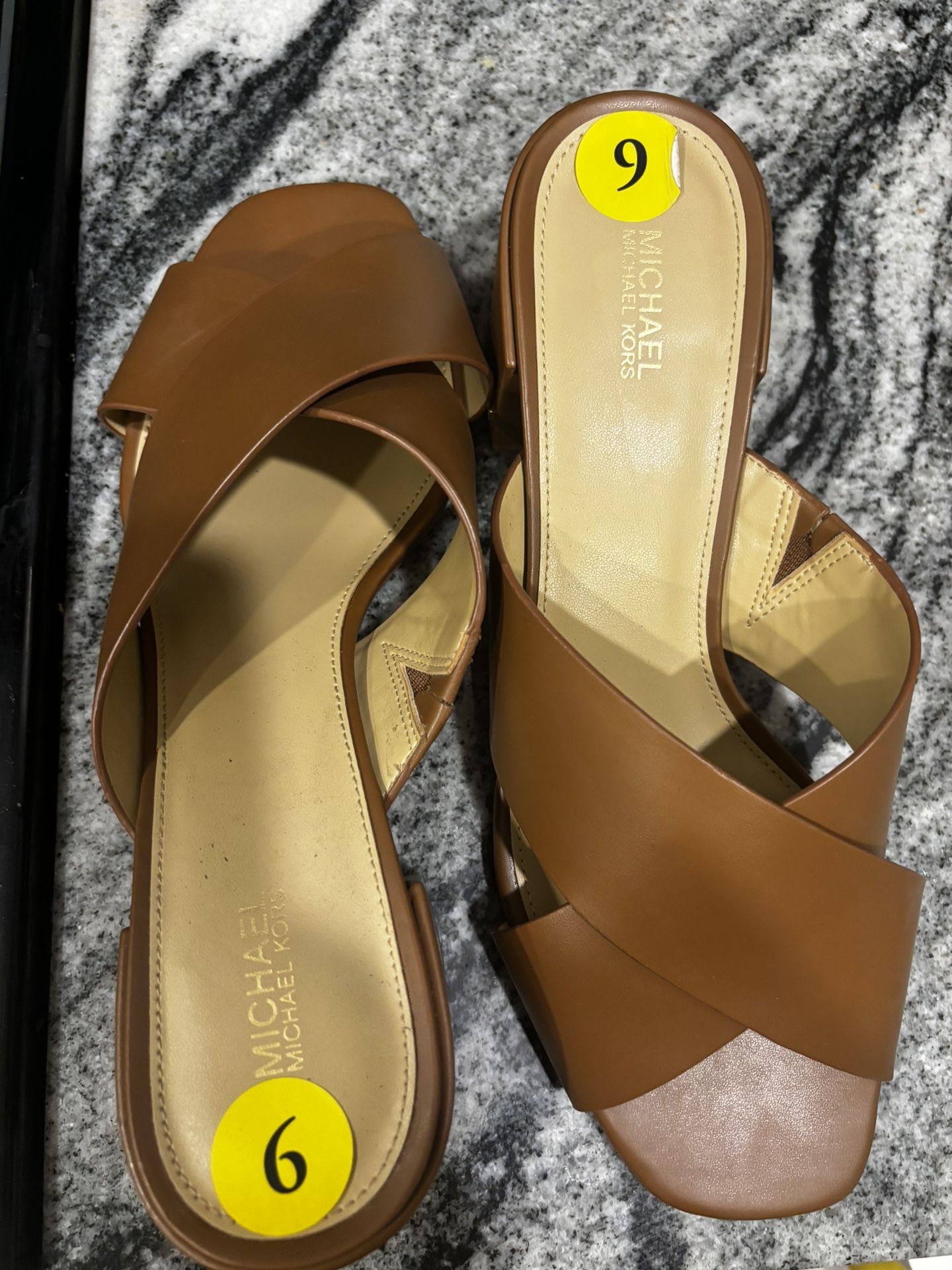 Michael Kors brand ladies Brand New size 9 shoes, brown straps with slip on square heel