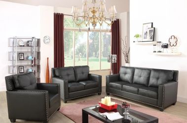 Brand New Nail Studded Black Leather Tufted Sofa Loveseat & Chair