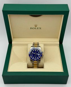 2009 Rolex Submariner 40mm Bluesy 18k yellow gold two tone stainless steel blue ceramic bezel blue flat dial 116613LB two tone oyster bracelet Watch b
