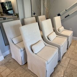 Set of Six Restoration Hardware Belgian Slope Arm Slip Covered Dining Room Chairs, Natural Color. RH