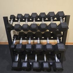 Brand New 5lb Thru 45lb Rubber Hex Dumbbell Set With Rack 