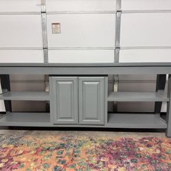 Lakeside Cottage Wood TV Console Table With Cabinet & Shelves 92x21x34 Repainted