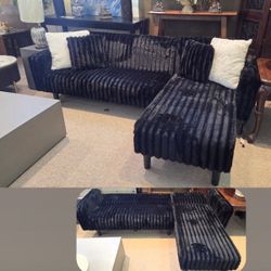 BLACK Fabric Reversible Click Clack Sectional Sofa w/ USB  &  Pillows
