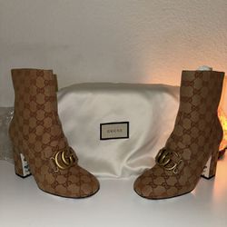 Gucci GG Logo Gold Marmont Supreme Guccissima Monogram Brown Canvas Mid-Calf (Block Heel Ankle Booties)
