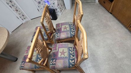 Rattan Arm Chairs with Coastal Print Cushions – Set of 4