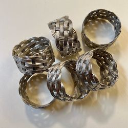 Farmhouse Rustic Silver tone Woven Metal Accent pattern Napkin Rings Set Of 6
