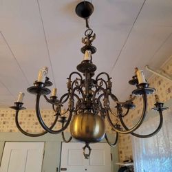 Flemish Dutch Chandelier 12 Arm Lights Brass Belgian Nautical Sea Monster Fish