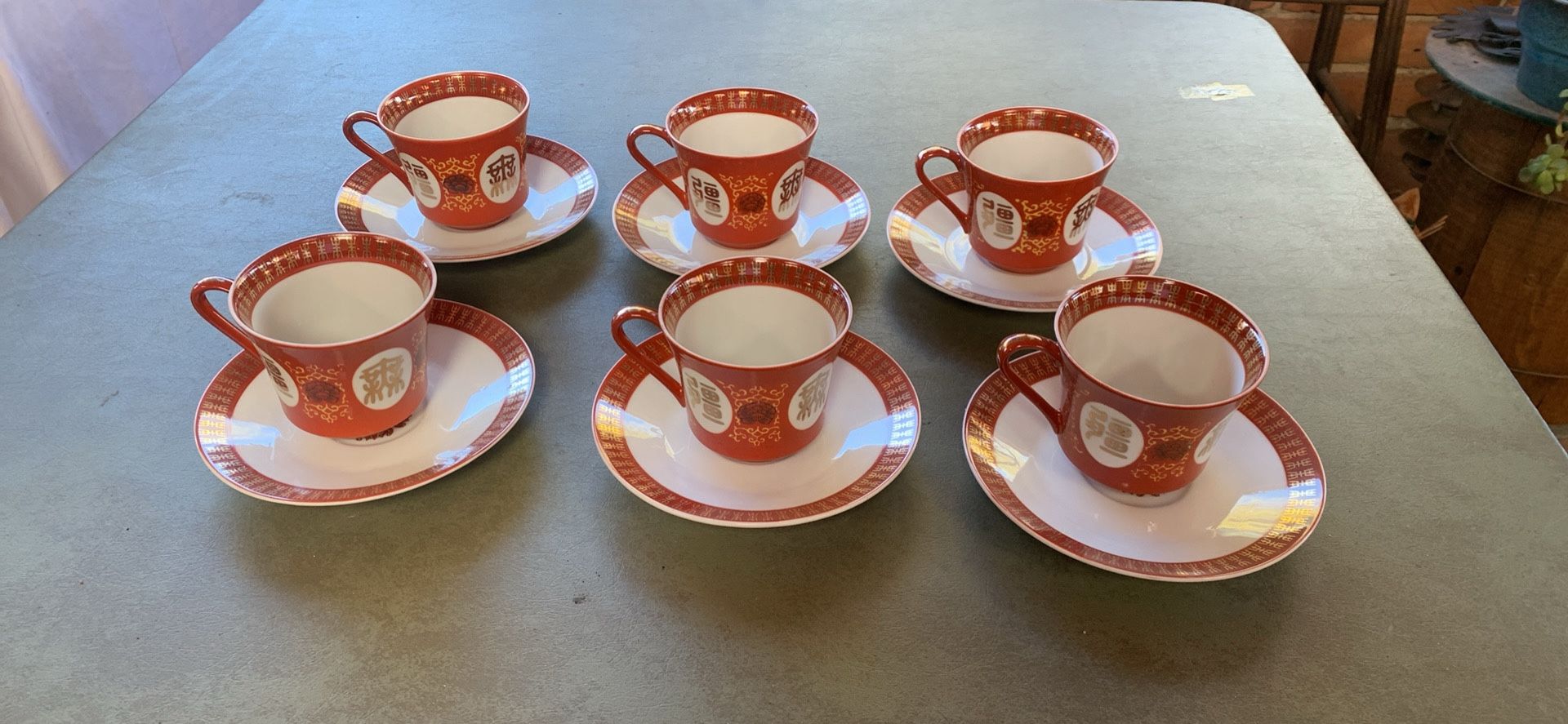 Vintage Datang/Tatung red and gold teacups and saucers, made in Taiwan in the mid-late 1960s.