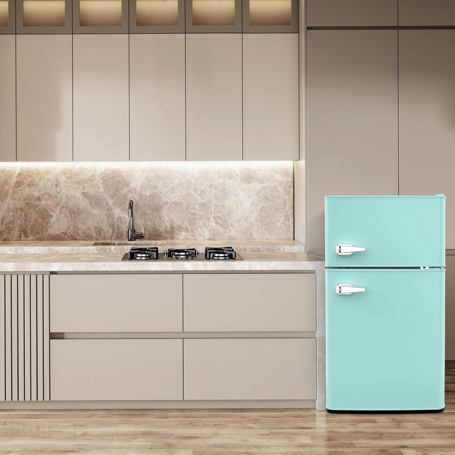 New Modern 3.2 Cu.Ft Mini fridge with Freezer Double Door Compact Refrigerator Retro Mini Refrigerator for Dorm Office Bar RV Bedroom(Green) Ne