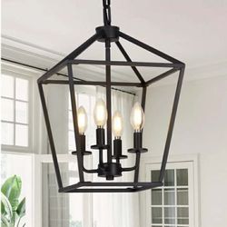 New 4 Light Chandelier, Industrial Ceiling Light Black Lantern Light Fixtures with Farmhouse Metal Cage Adjustable Height Rustic Geometric Hanging Lig