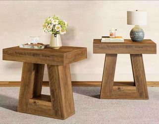 New assembled 24" Modern Side Table Set of 2, 2-Tier Narrow Wooden End Table with Trapezoid Base, Farmhouse Small Nightstand for Living Room, Bedroom 