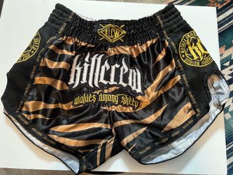 Kill Crew MUAY THAI FIGHT SHORTS tiger stripe pattern in black and gold. Med
