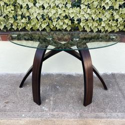 Modern Glass Top Console / Sofa Table – Curved Wood Base