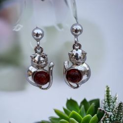 Sterling Silver 925 Pretty Women's Amber Cat Stud Earrings, Cherry Amber Stones