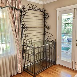 Vintage French Provincial Wrought Iron / Brass Baker’s Rack Etagere Glass Shelves 92” Tall!